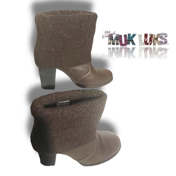 MUK LUKS Women's Chris Sweater Cuff Ankle Brown Booties with Heels Size 10 - Picture 4 of 9